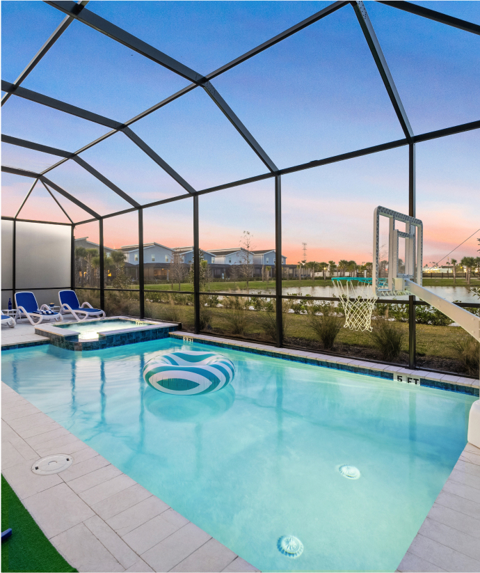 backyard pool and spa at twilight